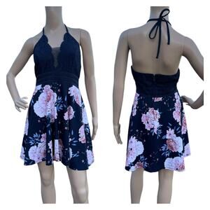 Xtraordinary Women Blue Floral Lace Halter Neck Fit & Flare Mini Dress Size L
